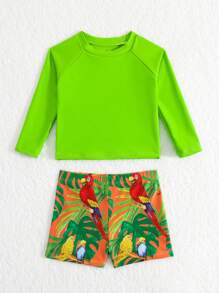 男嬰熱帶圖案插肩袖高領沙灘泳裝 - 綠色 - 查看 4