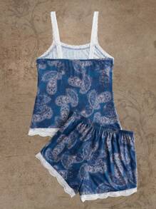 ROMWE Fairycore Paisley Print Contrast Lace PJ Set - Blue - View 2