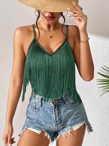 SHEIN VCAY Áo khoác và áo lót dành cho xe tăng nữ mép màu trơn Boho - Màu xanh lá cây đậm - Xem 3