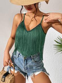 SHEIN VCAY Áo khoác và áo lót dành cho xe tăng nữ mép màu trơn Boho - Màu xanh lá cây đậm - Xem 4