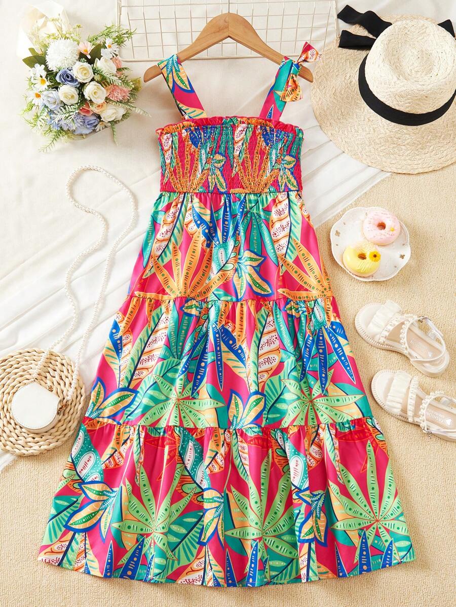 SHEIN Girls Tropical Print Shirred Ruffle Hem Cami Dress - Multicolor - View 1