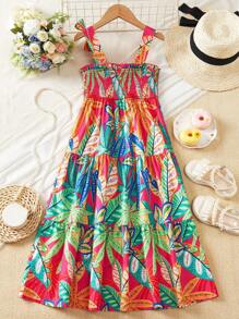 SHEIN Girls Tropical Print Shirred Ruffle Hem Cami Dress - Multicolor - View 2