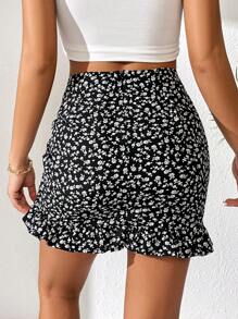 SHEIN Privé Váy nữ Dây kéo Viên lá sen Xù Họa tiết hoa Boho - Đen và trắng - Xem 3