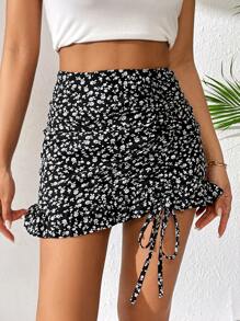 SHEIN Privé Váy nữ Dây kéo Viên lá sen Xù Họa tiết hoa Boho - Đen và trắng - Xem 5