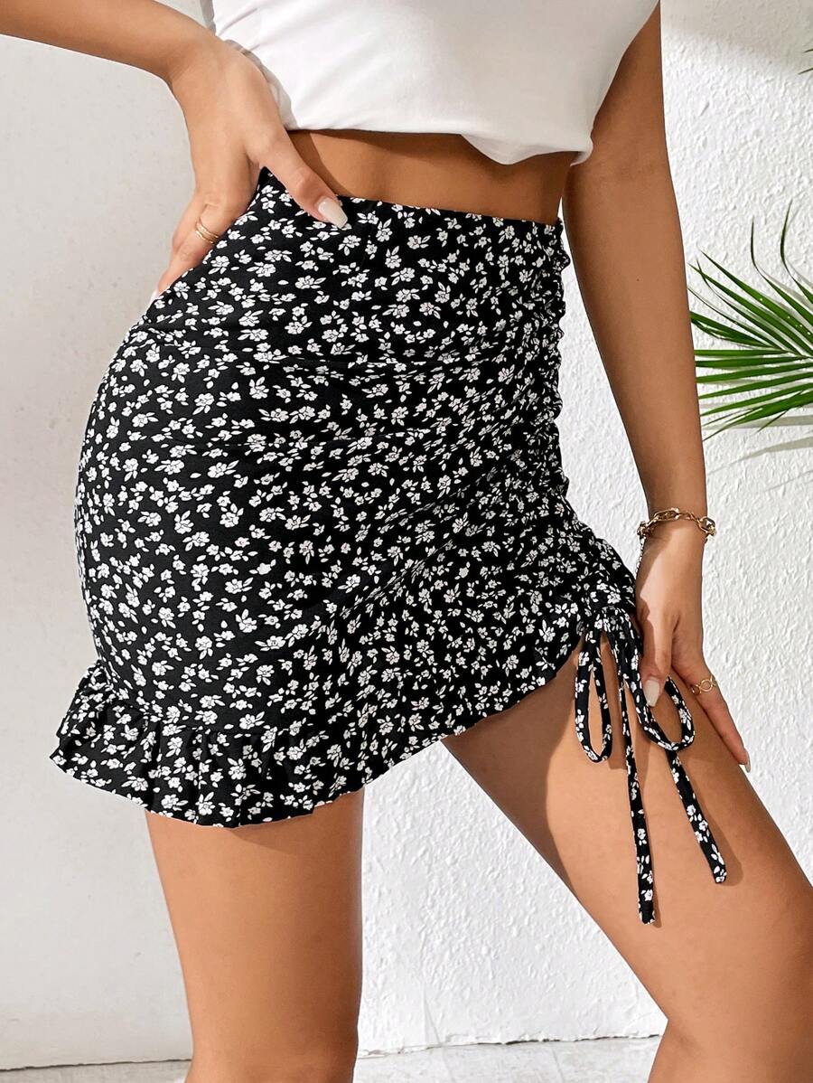 SHEIN Privé Váy nữ Dây kéo Viên lá sen Xù Họa tiết hoa Boho - Đen và trắng - Xem 1