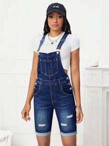 SHEIN EZwear Ripped Roll Up Hem Denim Dungaree Romper Without Tee - Dark Wash - View 6