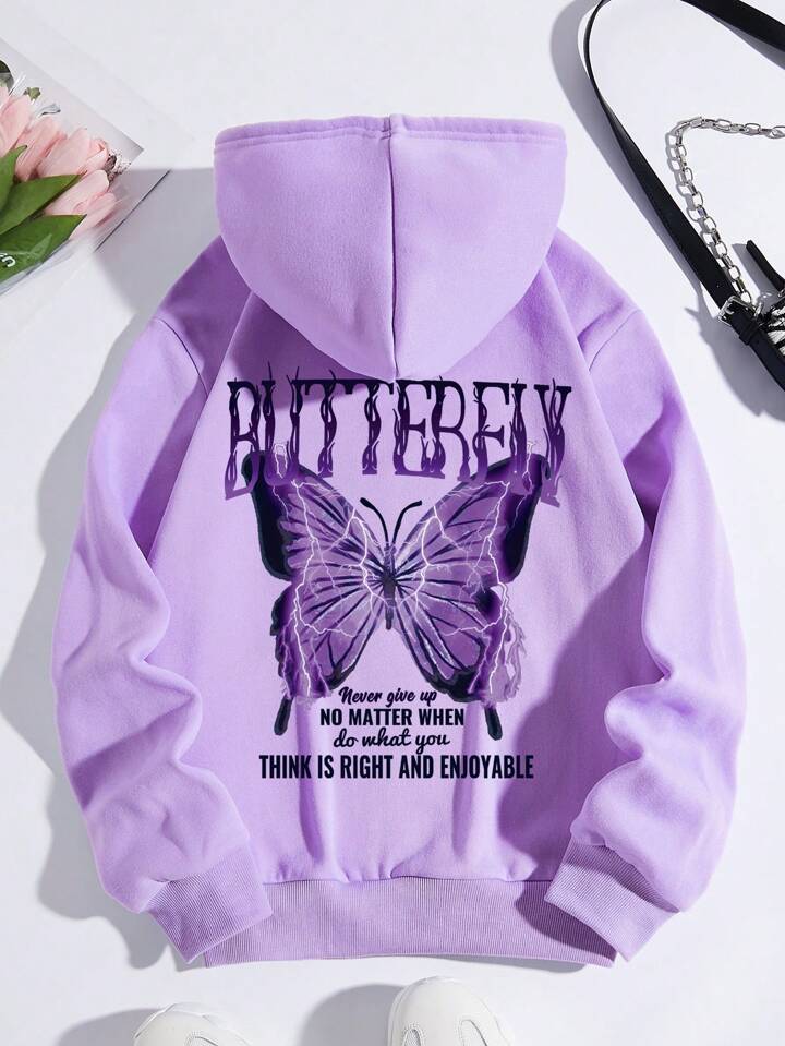 SHEIN EZwear Plus Butterfly u0026 Slogan Graphic Drawstring Thermal Lined Hoodie  | SHEIN USA