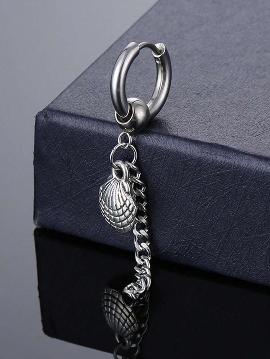 1pc Men Shell Decor Earring, Stainless Steel Jewelry - Silver - View 1