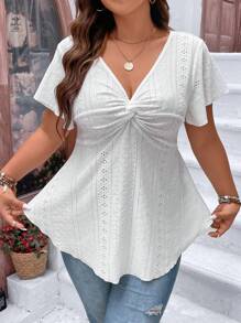 Calvaya Plus Twist Front Peplum Schiffy Tee - White - View 2