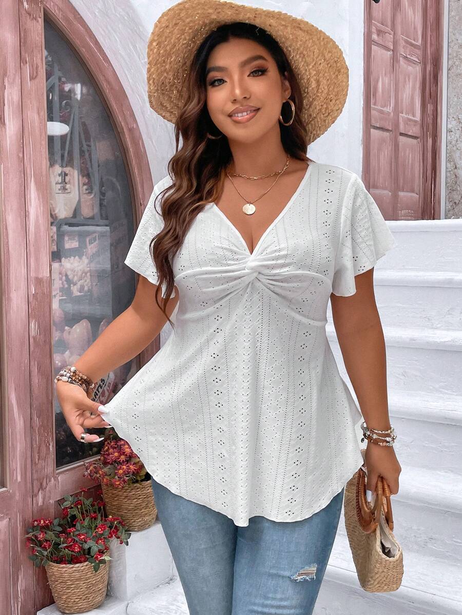 Calvaya Plus Twist Front Peplum Schiffy Tee - White - View 1