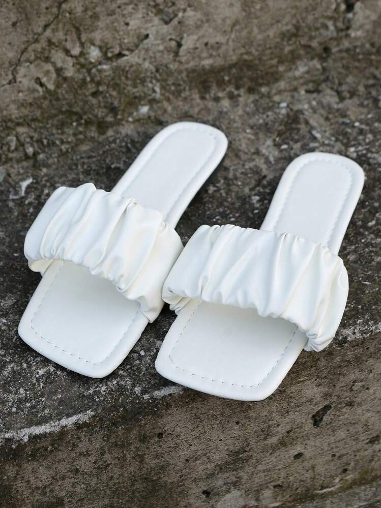 Elegant White Sandals For Women, Minimalist Ruched Detail Slide Sandals - White - View 6