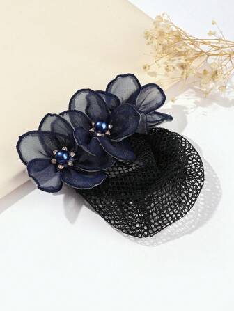 1 pieza Clip de red para moño de mujer con decoración de flor y rhinestone para la vida diaria, bohemio, Día de San Valentín, accesorios para el cabello, pasadores, hebillas, pinzas para el cabello, artículos escolares, accesorios para el cabello con perlas