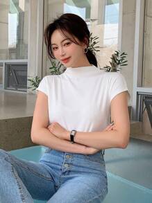 DAZY Solid Mock Neck Batwing Sleeve Tee,Business Casual Women