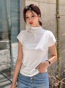DAZY Solid Mock Neck Batwing Sleeve Tee,Business Casual Women