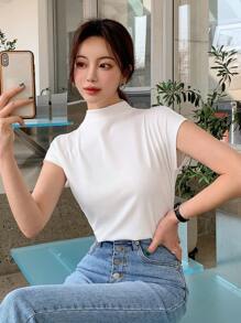 DAZY Solid Mock Neck Batwing Sleeve Tee,Business Casual Women