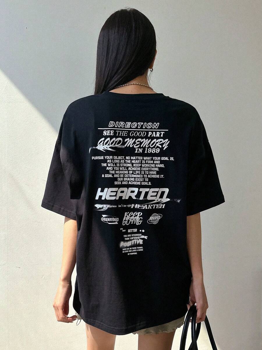 DAZY 標語圖案落肩T恤 - 黑色 - 查看 1