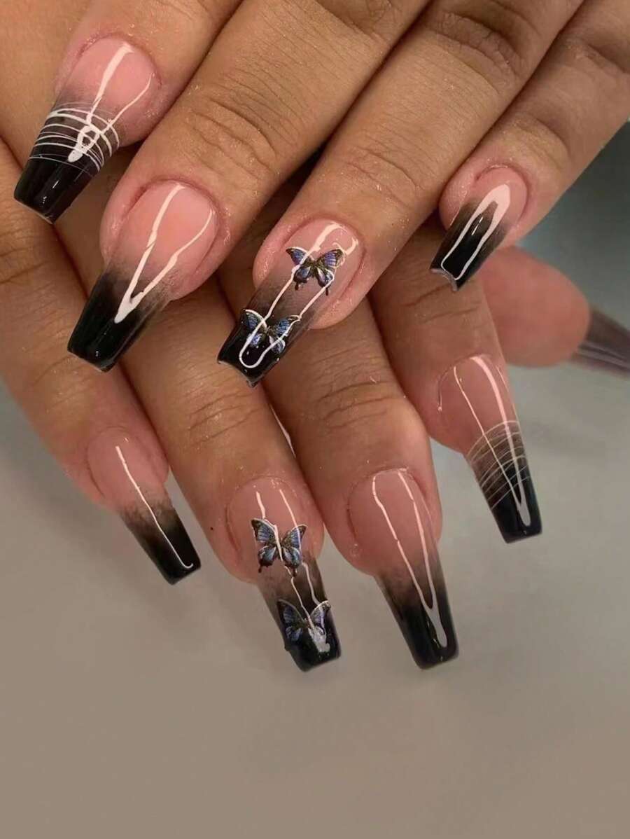 24pcs Long Coffin Butterfly Pattern Fake Nail & 1sheet Tape & 1pc Nail File Press On Nails Nail Supplies - Multicolor - View 1