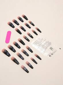 24pcs Long Coffin Butterfly Pattern Fake Nail & 1sheet Tape & 1pc Nail File Press On Nails Nail Supplies - Multicolor - View 2