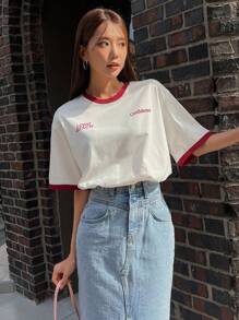 DAZY Camiseta ringer con estampado de letra unido en contraste de hombros caídos - Blanco - Ver 3