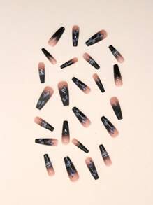 24pcs Long Coffin Butterfly Pattern Fake Nail & 1sheet Tape & 1pc Nail File Press On Nails Nail Supplies - Multicolor - View 5