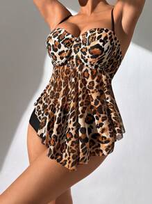 SHEIN Leopard Push Up Tankini Summer Beach - Multicolor - View 5