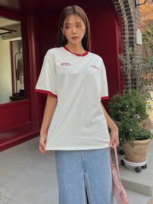 DAZY Camiseta ringer con estampado de letra unido en contraste de hombros caídos - Blanco - Ver 7