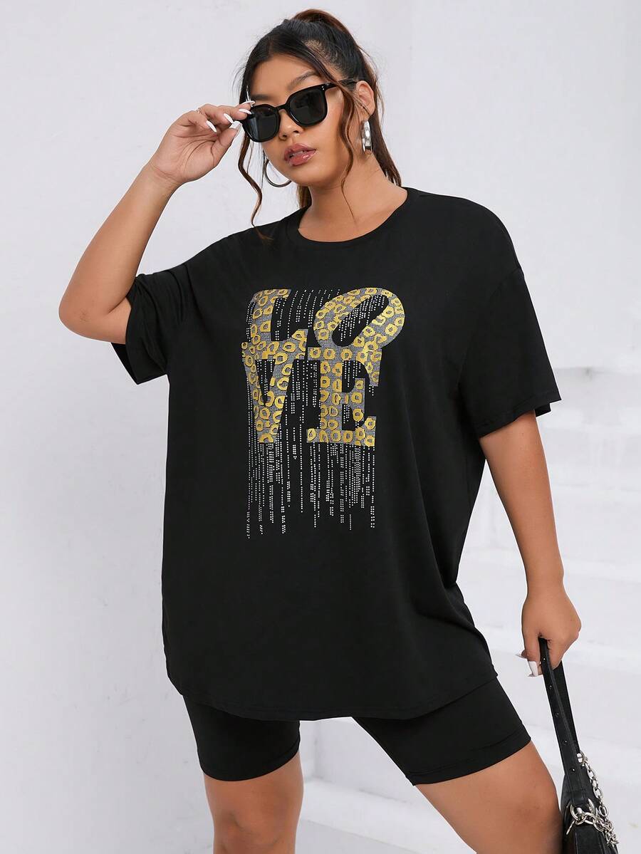 Flirla Áo thun Plus size Lá thư Giải trí - màu đen - Xem 1