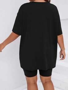 Flirla Áo thun Plus size Lá thư Giải trí - màu đen - Xem 2