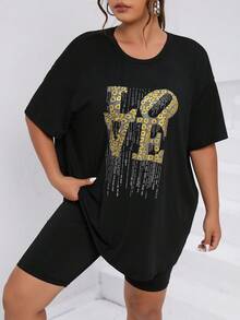 Flirla Áo thun Plus size Lá thư Giải trí - màu đen - Xem 5