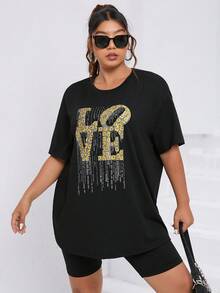 Flirla Áo thun Plus size Lá thư Giải trí - màu đen - Xem 6