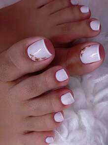 24入組短方形白色法式鑲嵌水晶式假腳趾甲和1件腳趾甲銼修甲工具還有1張貼紙假指甲，瞬間提升你的造型，美甲用品 - 彩色 - 查看 1