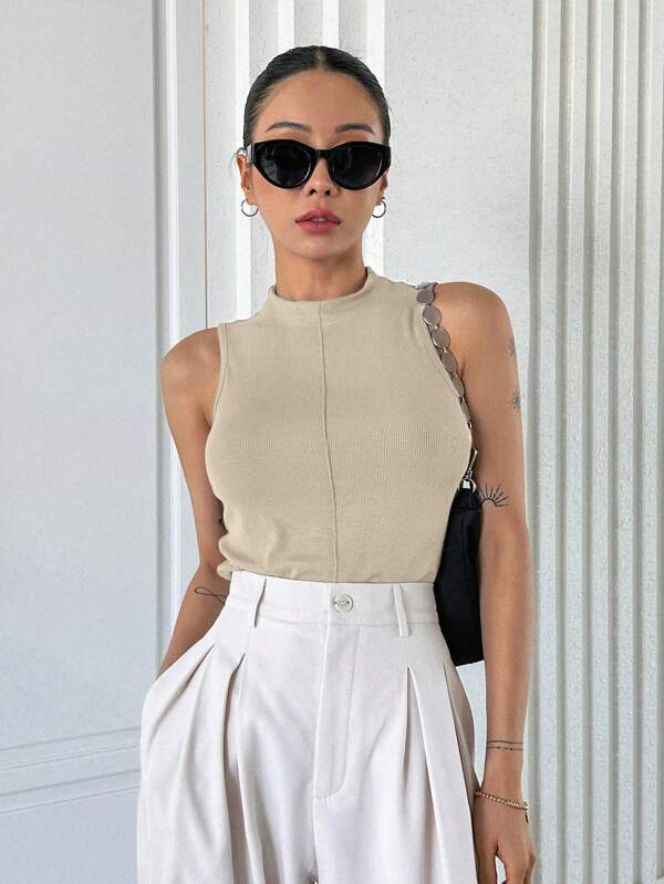DAZY Mock Neck Seam Detail Tank Top