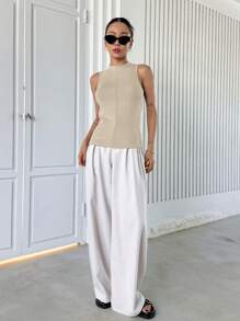 DAZY Mock Neck Seam Detail Tank Top - Apricot - View 4