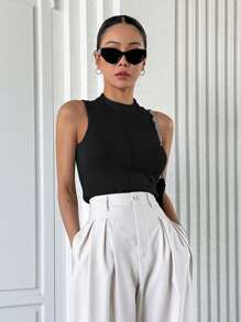 DAZY Solid Mock Neck Tank Top - Black - View 5