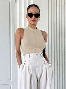 DAZY Mock Neck Seam Detail Tank Top - Apricot - View 5