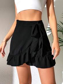 SHEIN Tall Falda cruzada ribete con fruncido con cordón lateral - Negro - Ver 1