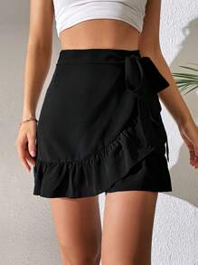 SHEIN Tall Falda cruzada ribete con fruncido con cordón lateral - Negro - Ver 3