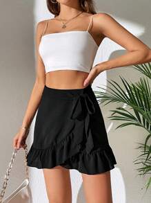 SHEIN Tall Falda cruzada ribete con fruncido con cordón lateral - Negro - Ver 4