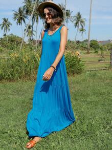 SHEIN LUNE Solid Ruffle Hem Maxi Dress - Blue - View 3