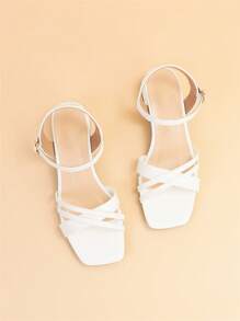 優雅白色涼鞋適用於女士寬版交叉粗跟踝帶平底涼鞋