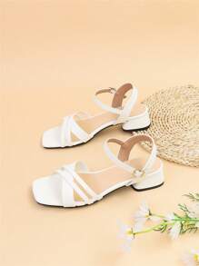 優雅白色涼鞋適用於女士寬版交叉粗跟踝帶平底涼鞋