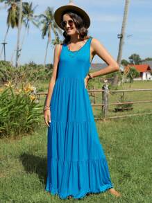 SHEIN LUNE Solid Ruffle Hem Maxi Dress - Blue - View 7