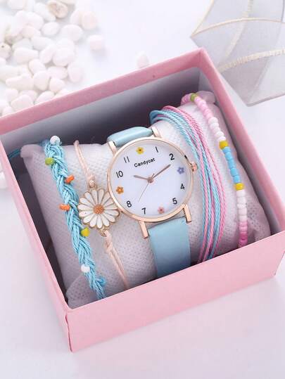 5pcs/Set Cute Macaron Color Small Dial Simple Watch + Unicorn Bracelet Set, Suitable For Birthday Gift, Halloween Gift, (NO BOX)
