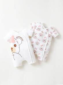 SHEIN 嬰兒2入組卡通圖案連身短褲 - 白色 - 查看 1