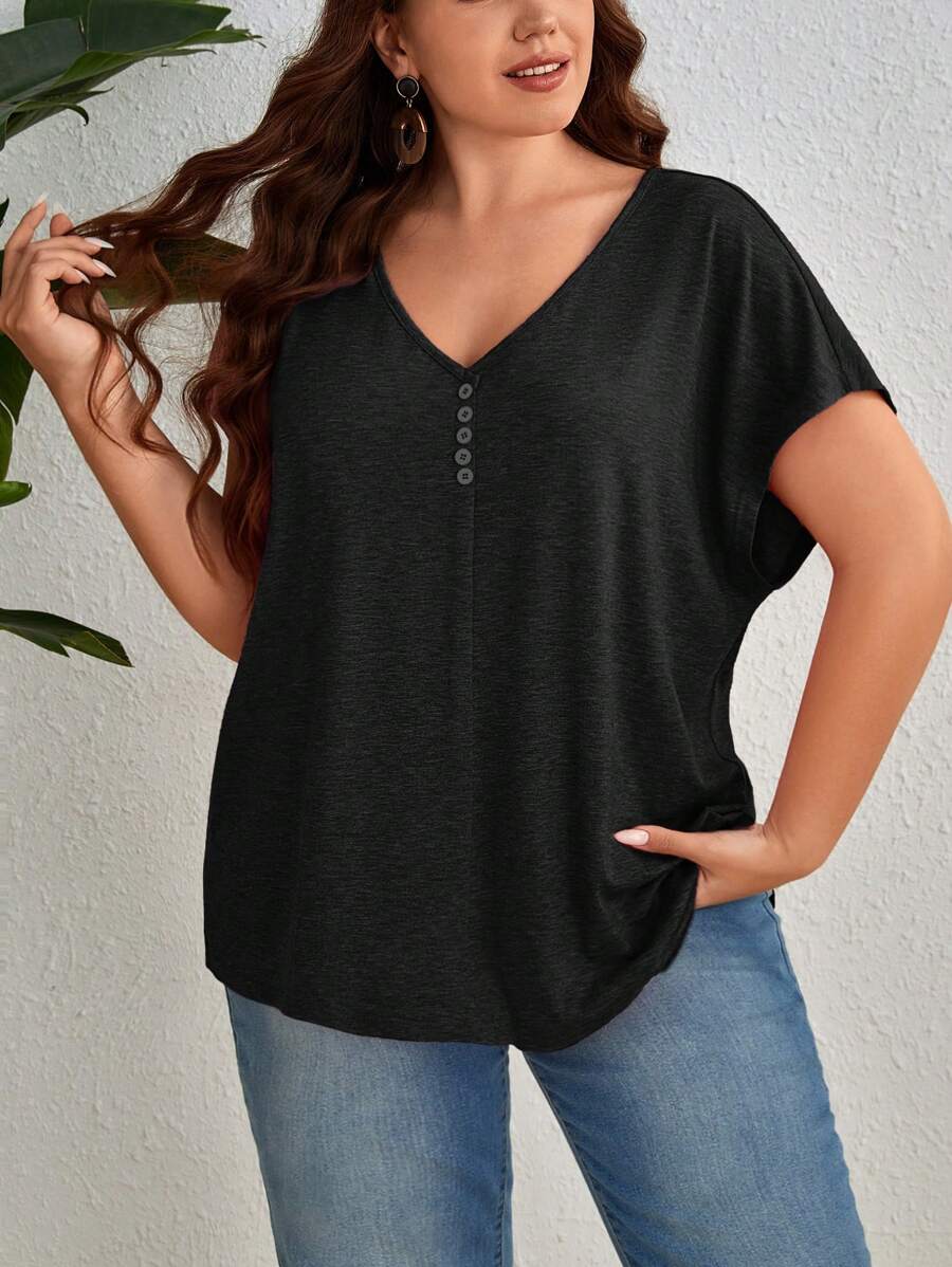 SHEIN Essnce Plus Button Front Batwing Sleeve Tee - Black - View 1