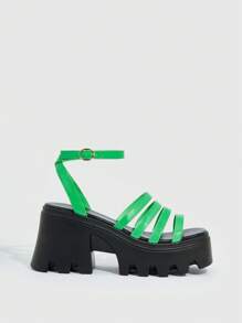 女性踝帶時尚綠色防水台涼鞋 - 綠色 - 查看 5