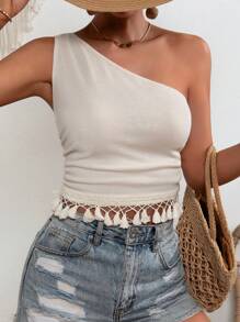 SHEIN LUNE Áo nữ mép màu trơn Boho - Màu be - Xem 5