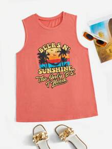 SHEIN Unity 標語和熱帶印花背心上衣 - 珊瑚橙 - 查看 1