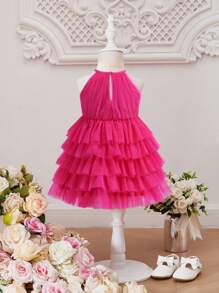 SHEIN Baby Girl Solid Color Multi-Layer Ruffle Neck Sleeveless Dress - Pink - View 2