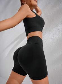 鏤空拉鏈開襟條紋針織運動套裝 - 黑色 - 查看 4